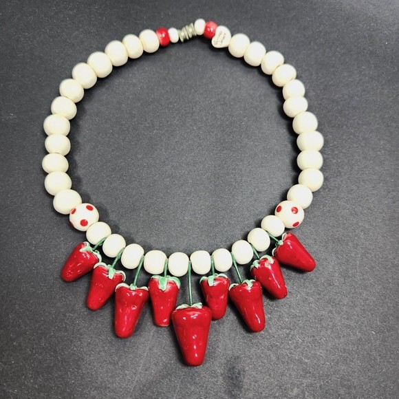 Vintage Flying Colors Strawberry Charms Necklace Ceramic Art 16.5 Inch Red White - Picture 2 of 8